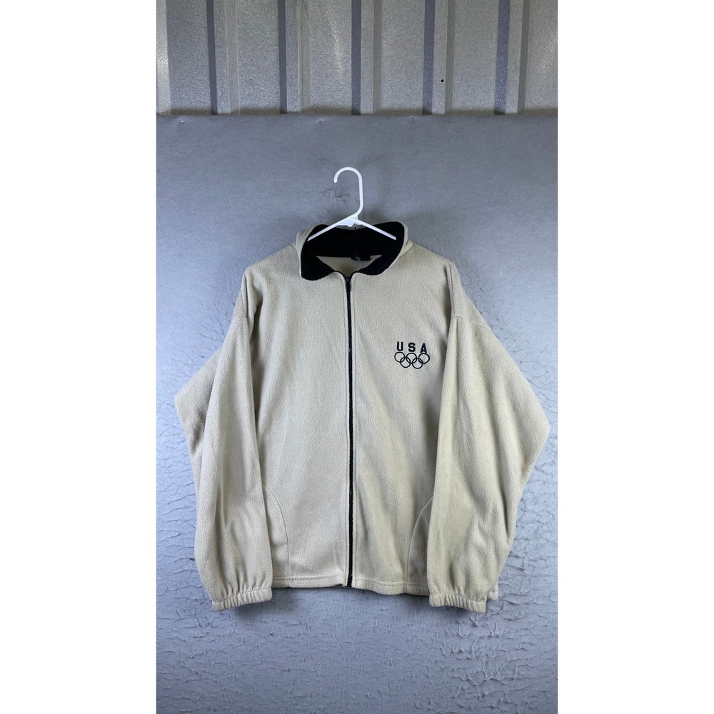 USA Olympic Fleece Jacket Mens Large Cream Excellent Full Zip Embroidered Logo